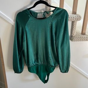 Green metallic long sleeve open back bodysuit